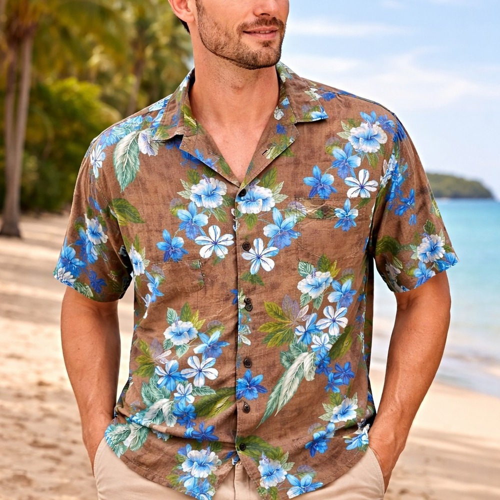 Hilo Hattie Hawaiian Aloha Shirt XL Floral Brown Green Blue Plumeria Flowers